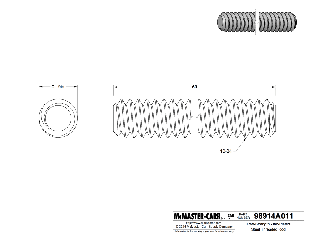 Technical Drawing of Low-Strength Zinc-Plated Steel Threaded Rod, 10-24 Thread Size, 6 Feet Long.